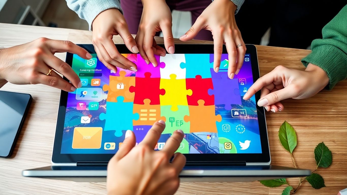 Hands connecting colorful puzzle pieces over digital workspace