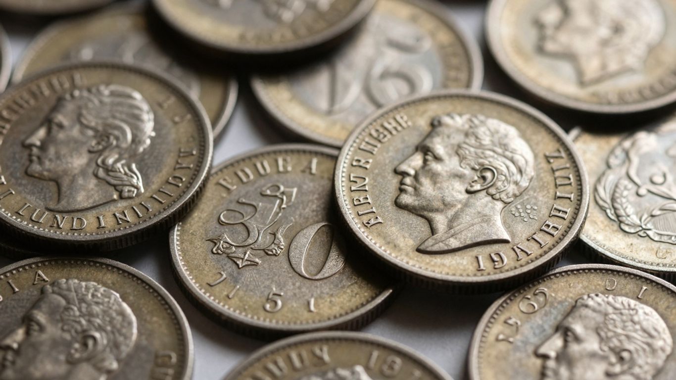 Close-up of coins showing dates and mintmarks.