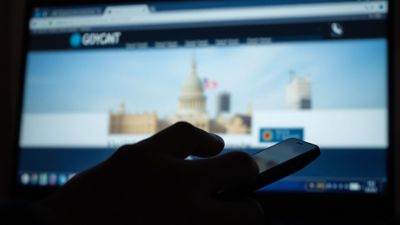 O mână folosește un telefon, ecran de stat în fundal