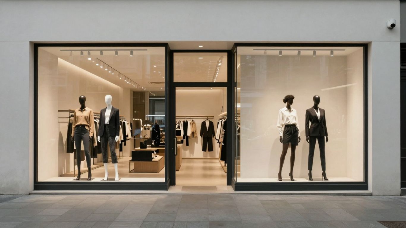 Extérieur moderne d'un magasin COS et présentation de mode à l'intérieur.