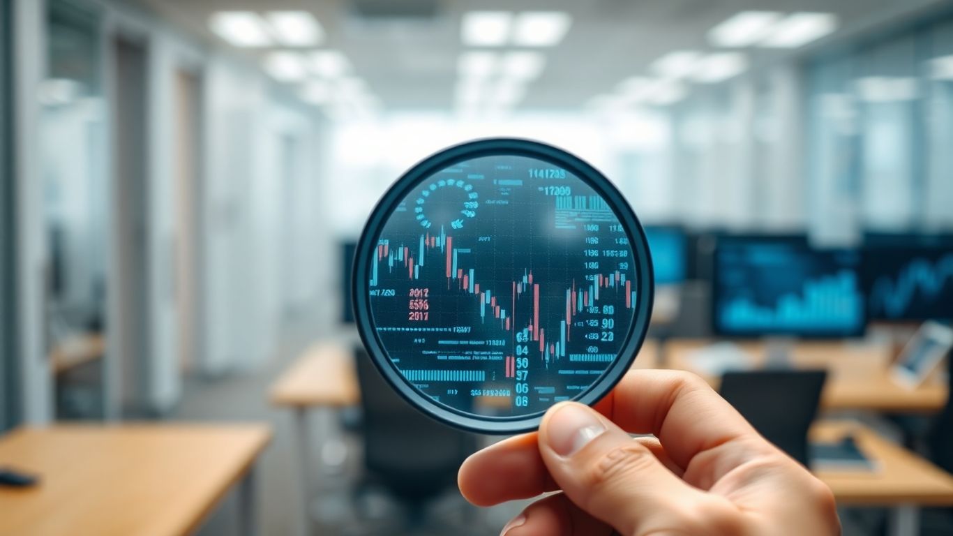 Magnifying glass over digital financial transaction data.