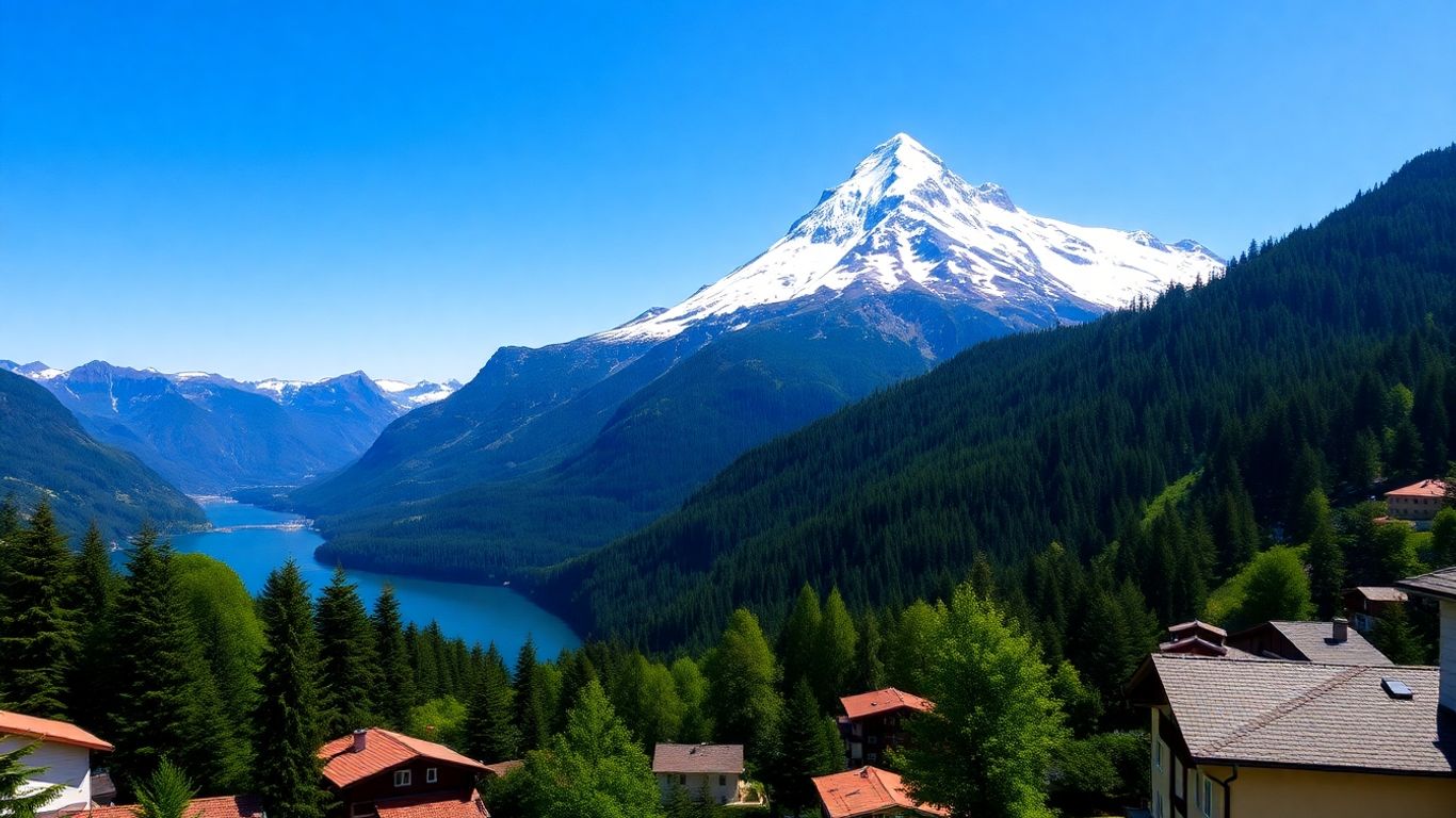 Montañas nevadas sobre un lago azul y chalets.