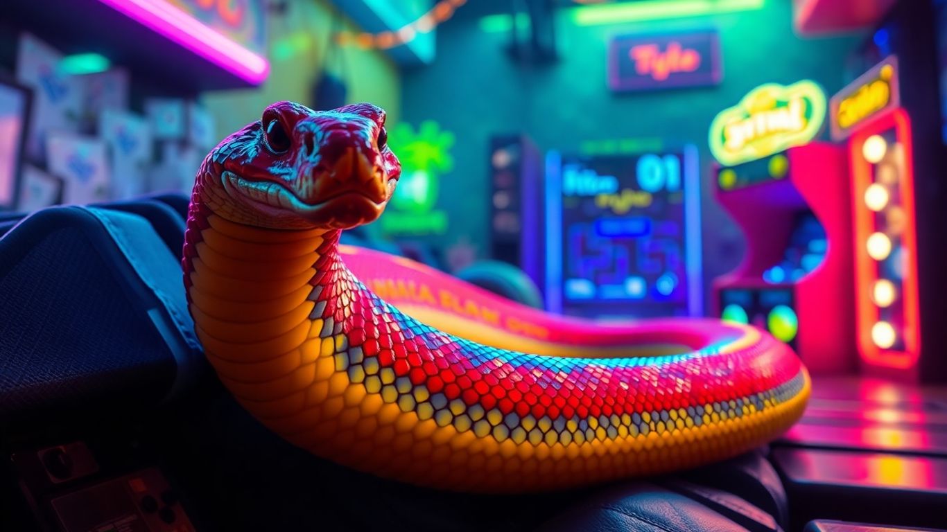 Photorealistic snake in vibrant gaming-inspired environment