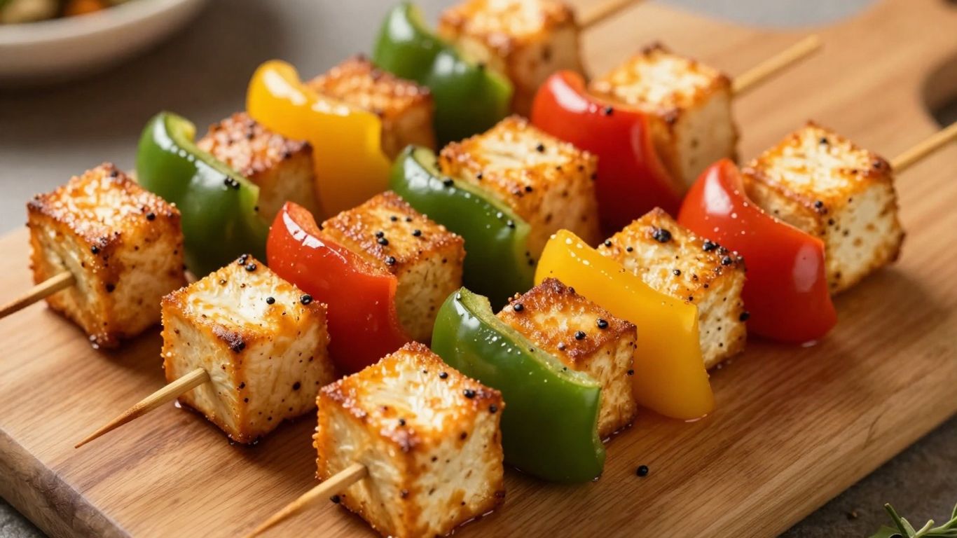 Skewered paneer tikka ingredients on a wooden board.