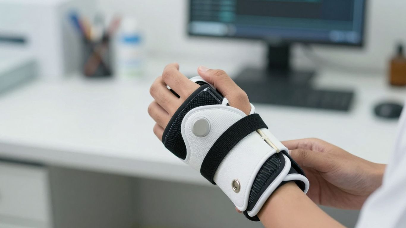 Hand holding medical brace, workplace background