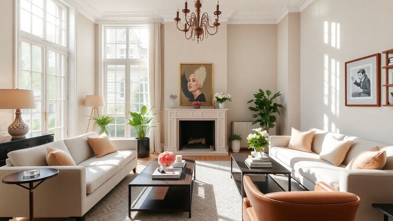 Elegant living room staged for sale in Bruxelles.