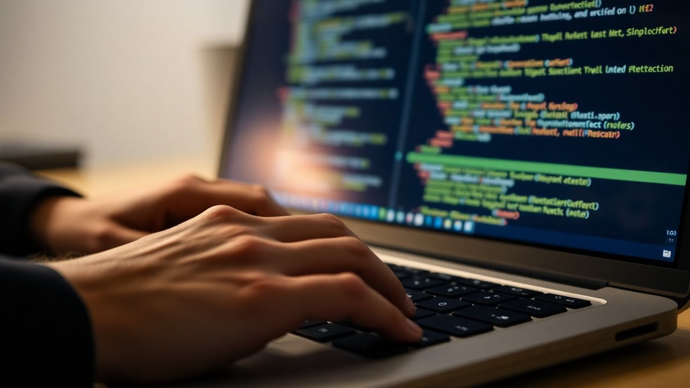 Hands coding on a laptop for WooCommerce plugin development.