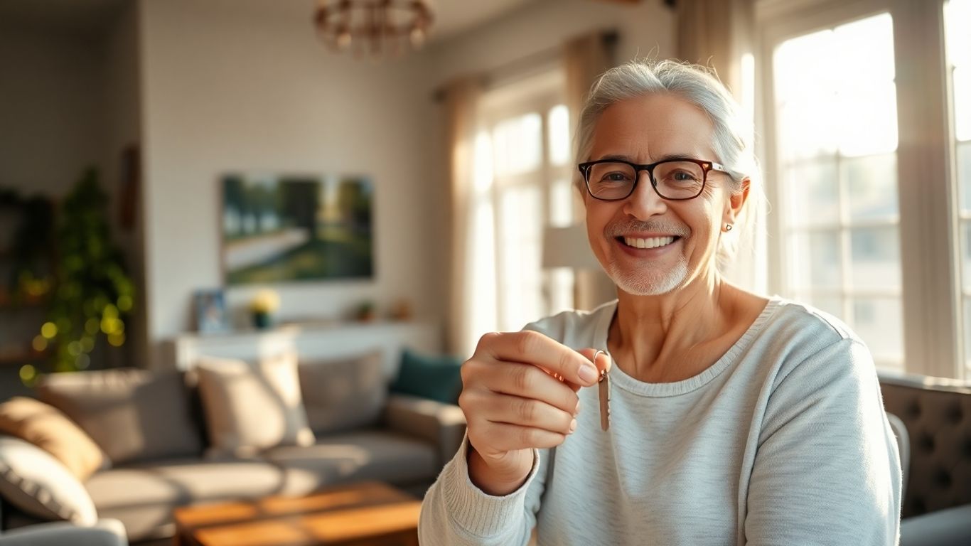 Persona sonriendo con llave de casa y seguro de hogar.