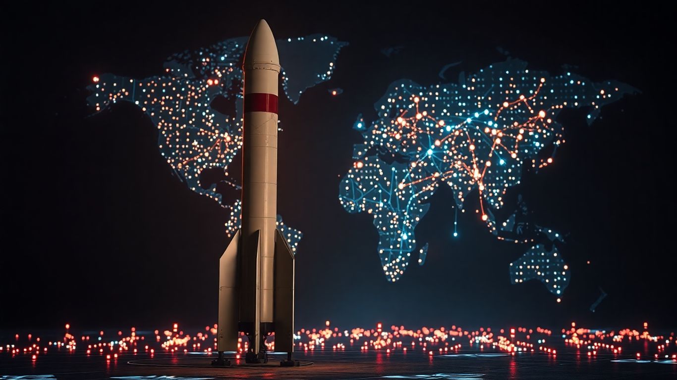 Stalled Russian rocket against a backdrop of global tech.