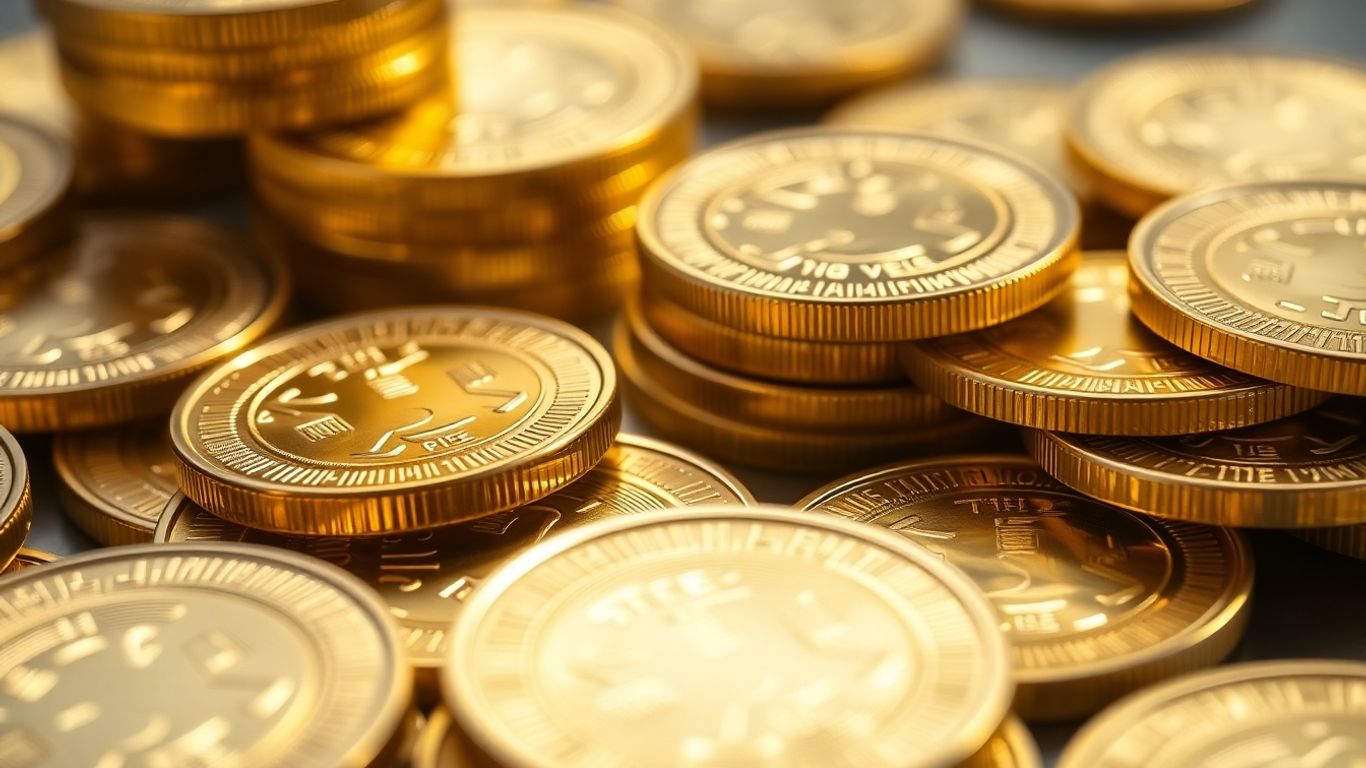 闪亮的、堆叠的金币，特写。