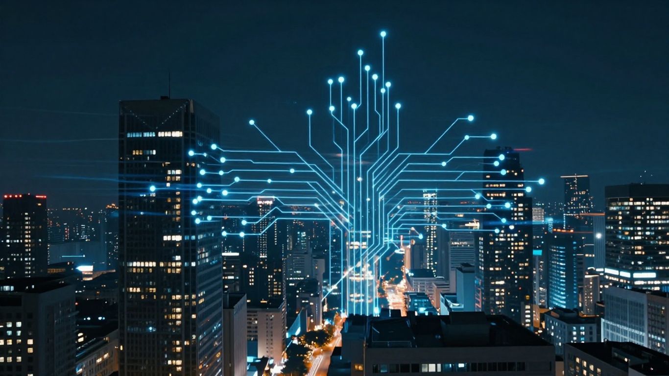 Oraș modern cu circuite digitale luminoase și fluxuri de date.
