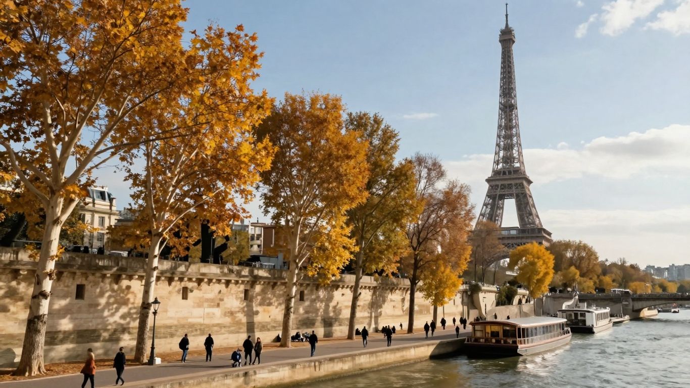 Eiffel Tower on a sunny autumn day in Paris.