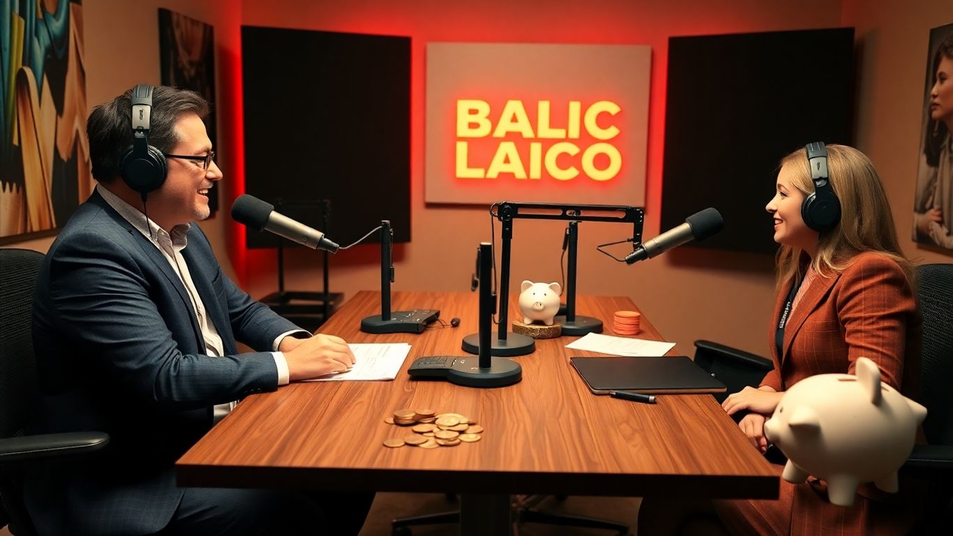 Personas grabando un pódcast de finanzas en estudio profesional.