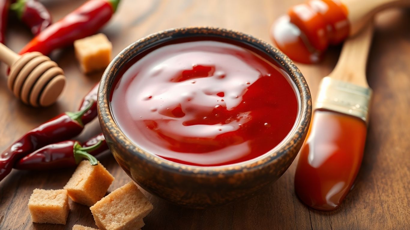 BBQ sauce with chili peppers and sweeteners on table