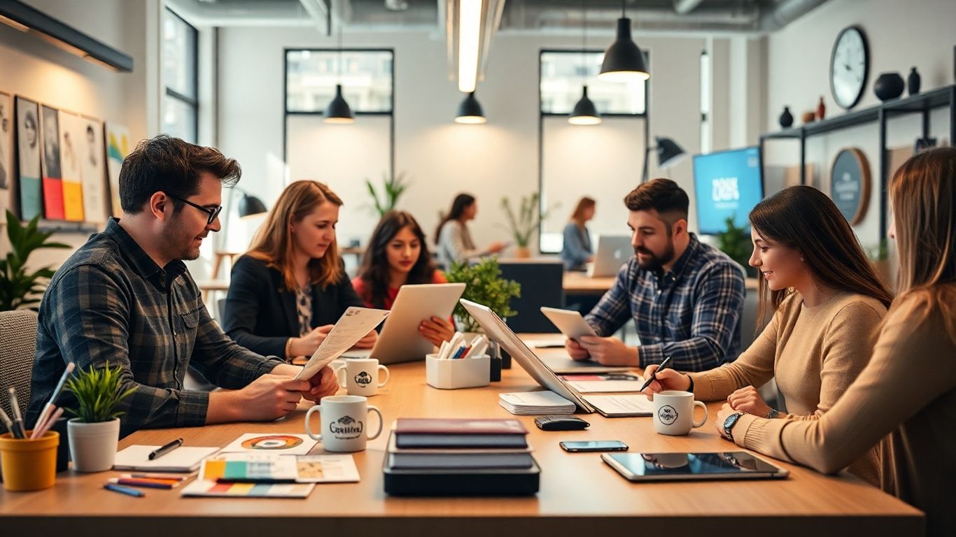 Designers creating brand identity together in modern workspace.