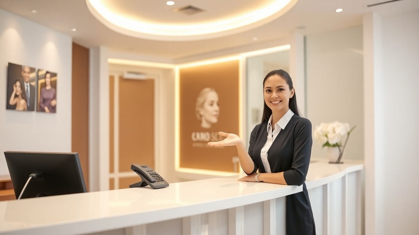 Clinic reception with smiling receptionist and phone.