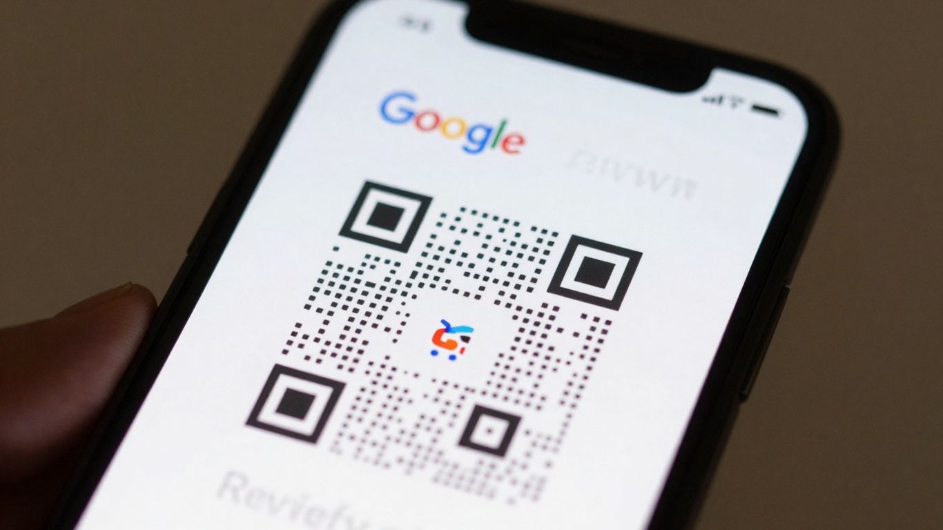 Smartphone displaying Google review QR code.