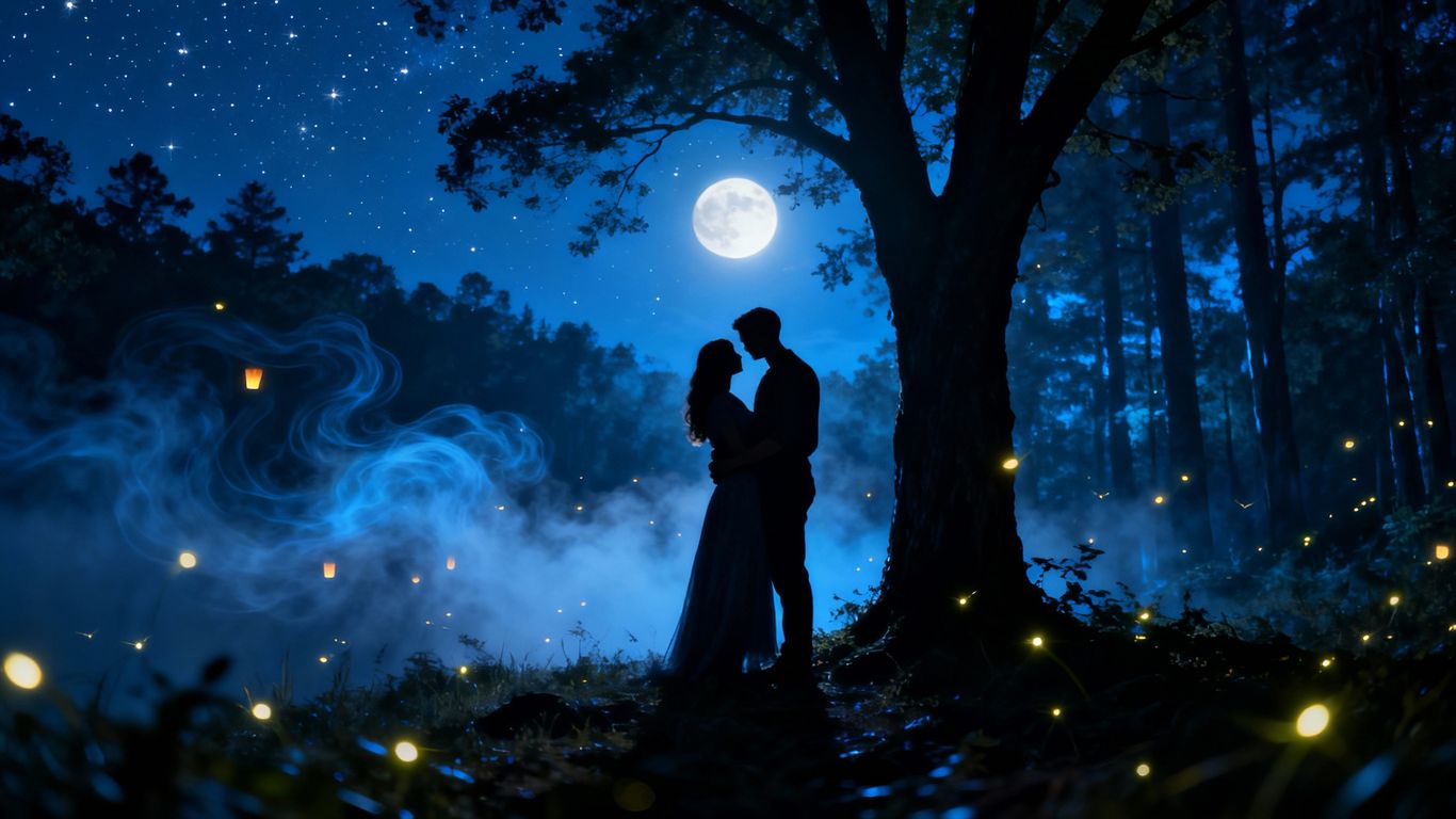 Couple embracing in a mystical, moonlit forest.