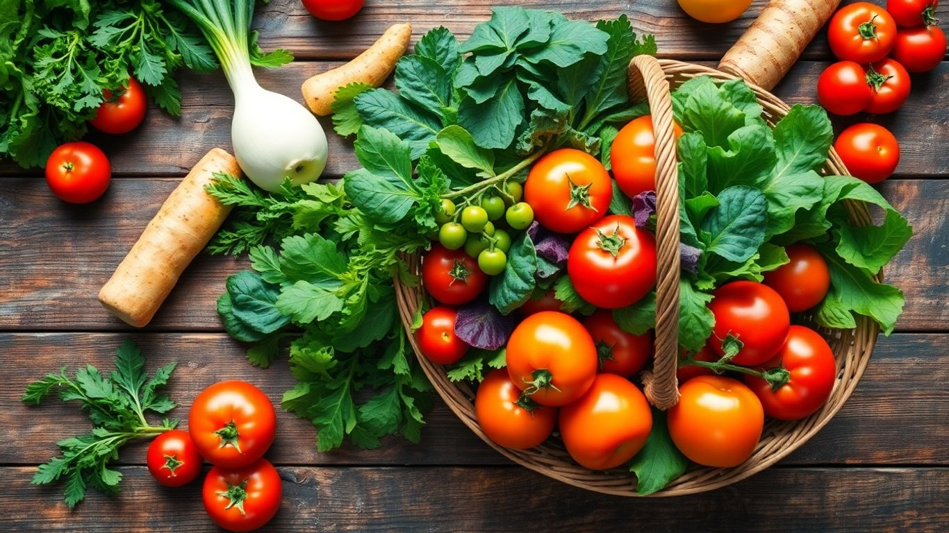 Panier de légumes bio colorés sur une table en bois.