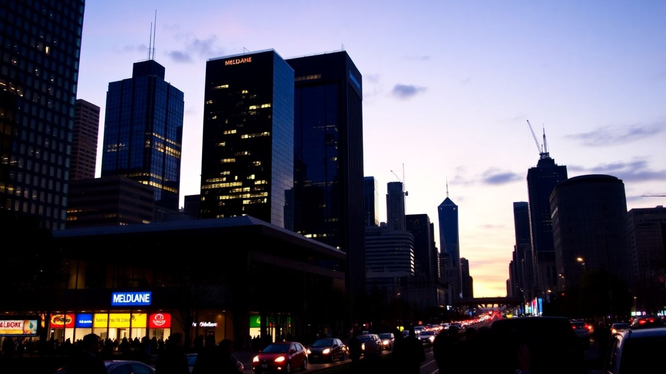 Melbourne skyline at dusk, people on busy street.
