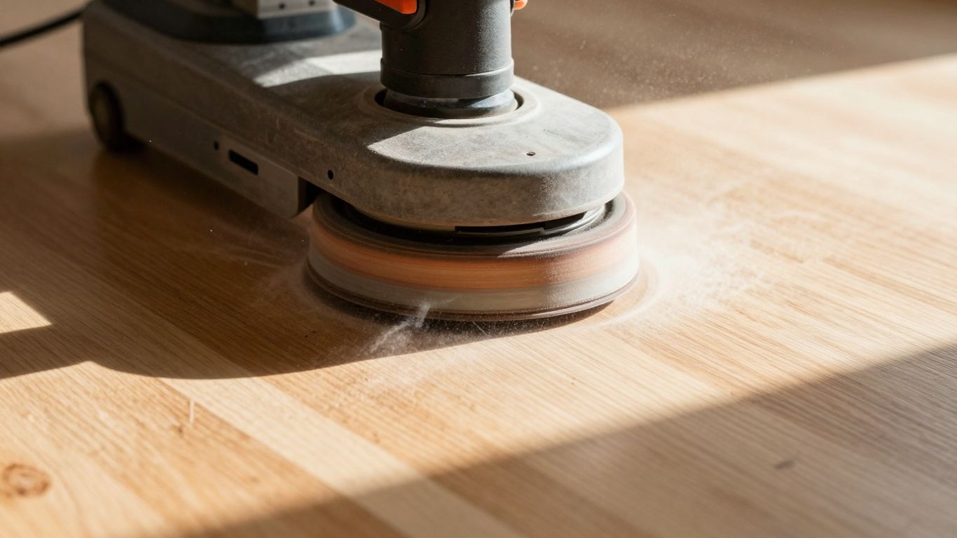 Floor sander smoothing a gym floor, removing scuff marks.