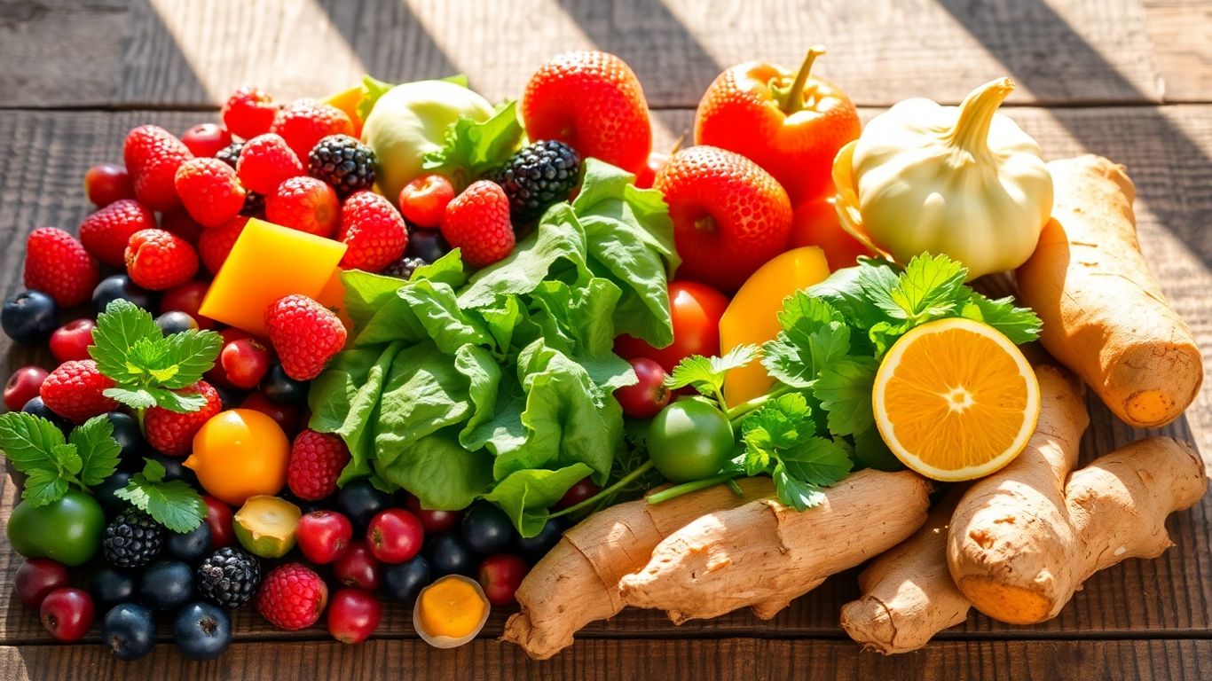 Colorful assortment of anti-inflammatory fruits and vegetables.
