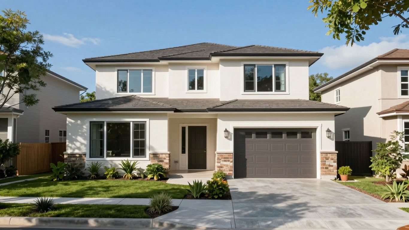 Casa moderna con jardín y cielo azul.