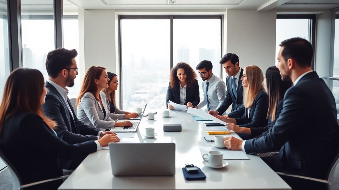 Geschäftsleute beraten sich im modernen Büro bei Tageslicht.