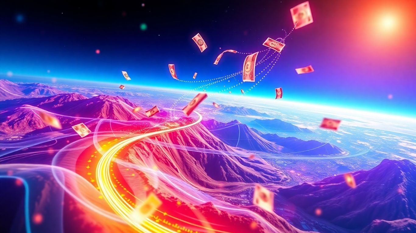 Forex trading landscape with abstract currency exchange flows.