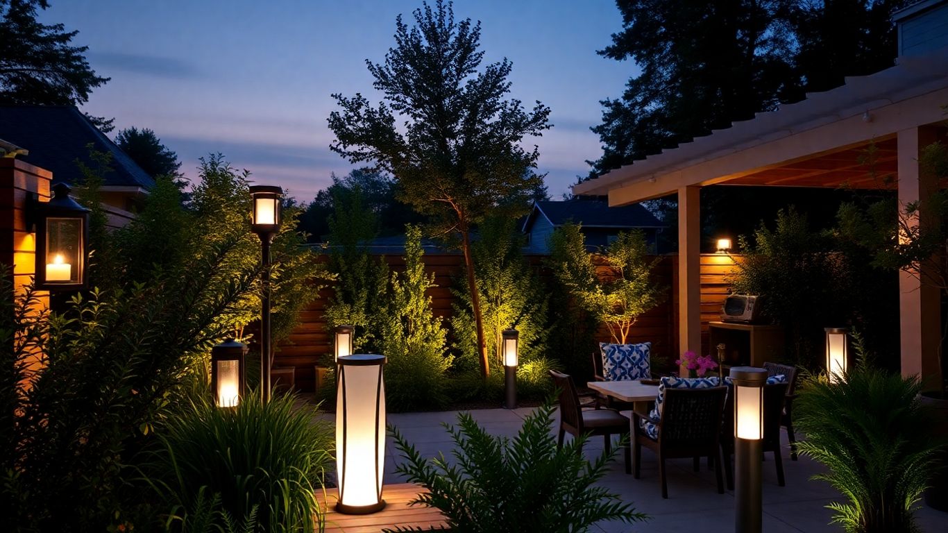 Outdoor lamps lighting a modern patio in the evening.