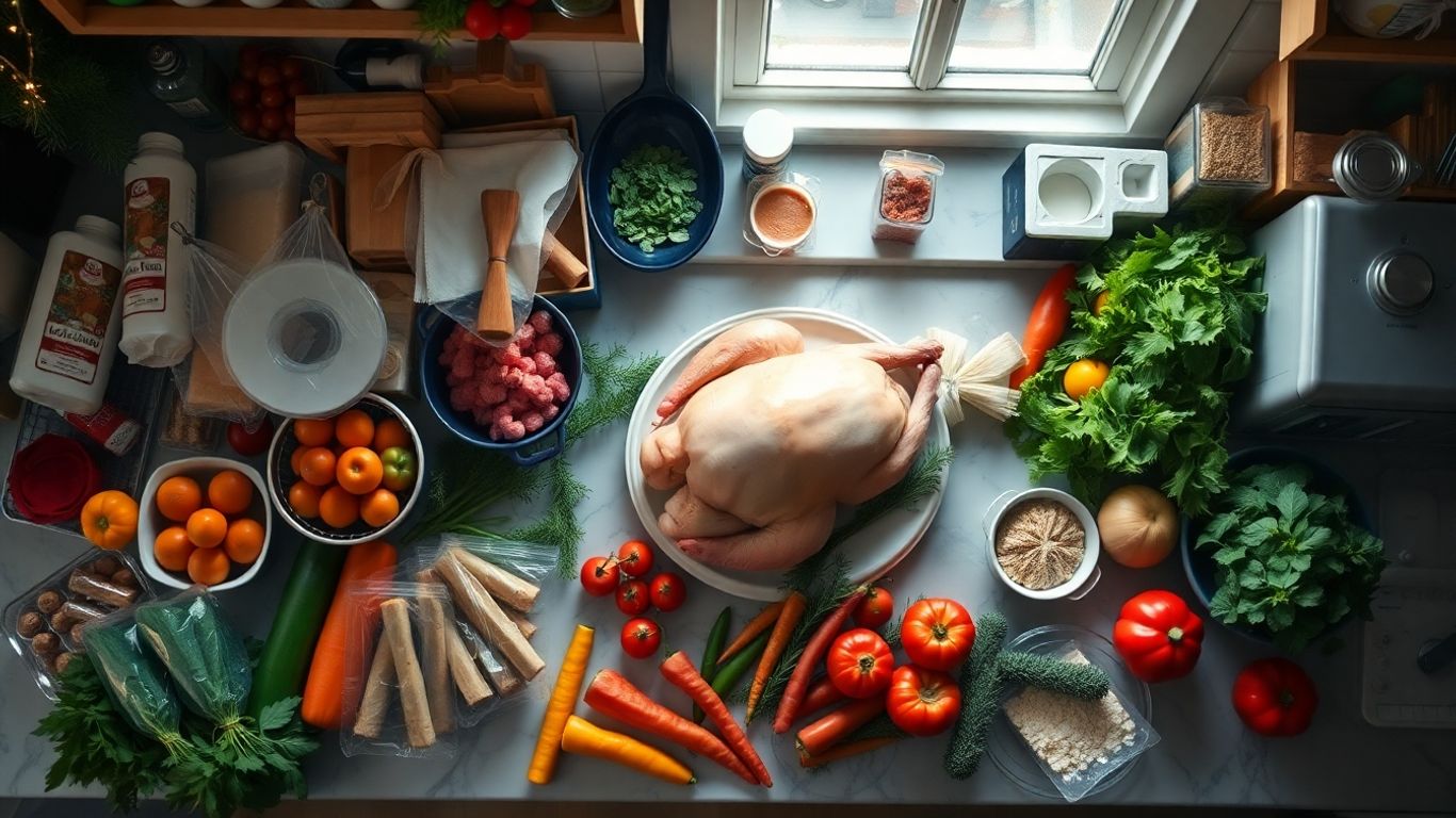 Ingrédients frais pour les repas de Noël sur un comptoir.