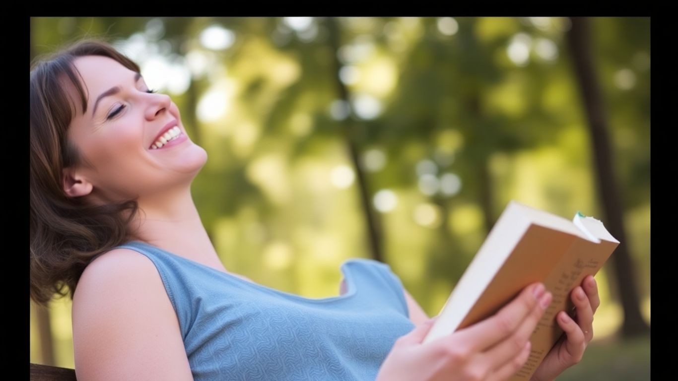 Persoană relaxată citind o carte în natură.