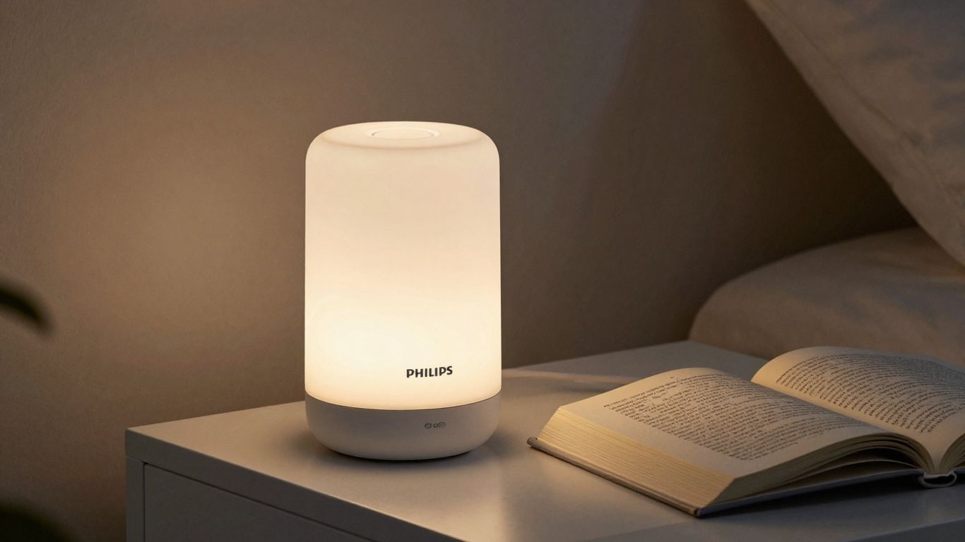 Philips Hue Go lamp illuminating a bedside reading nook.