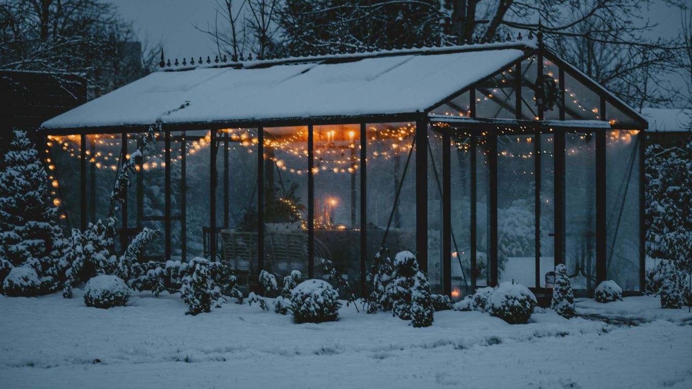 a house with a lot of lights on it in the snow