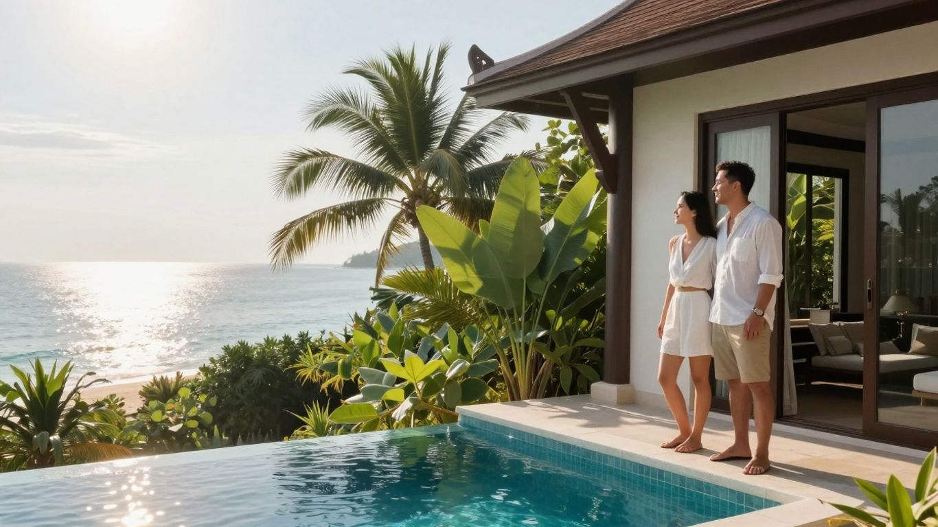 Couple on villa balcony overlooking Phuket ocean.