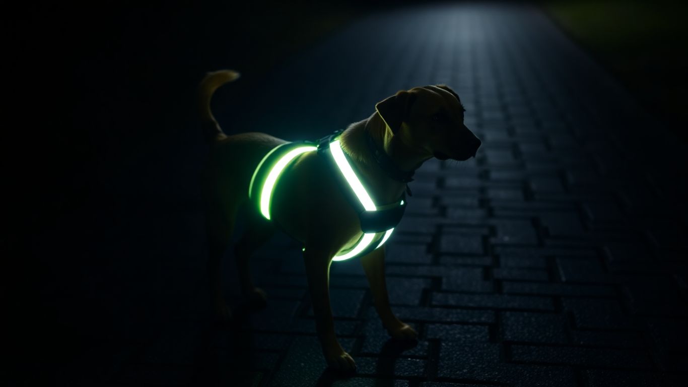 Dog wearing a reflective harness at night.