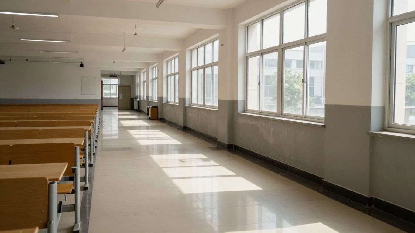 University hallway with restored polished floors.