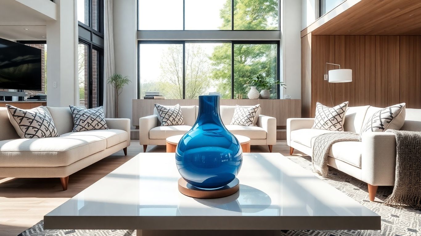 Blue vase on coffee table with modern decor