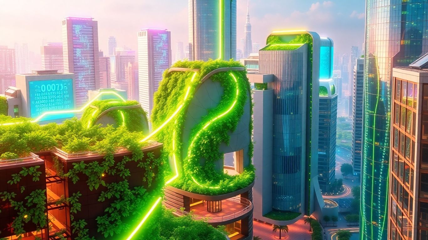 Futuristic cityscape with green technology integration.