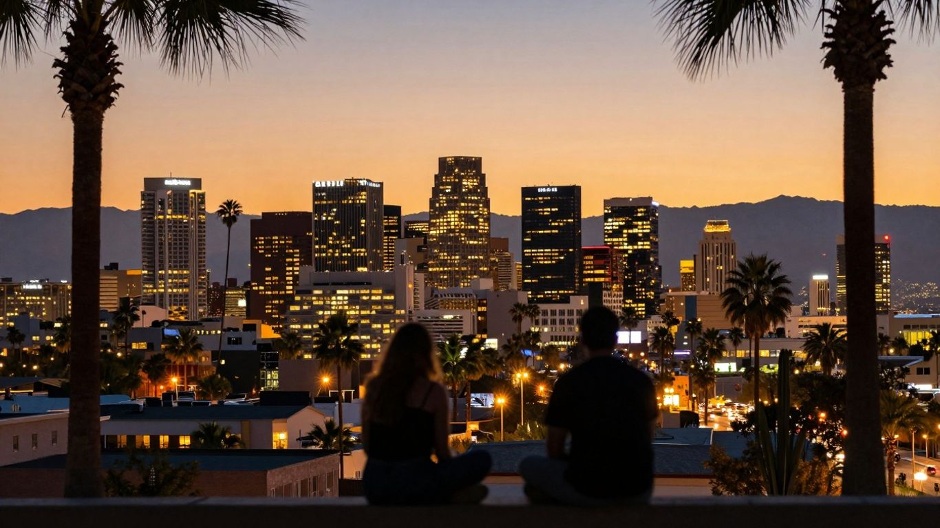 Phoenix cityscape at dusk with two people meeting.