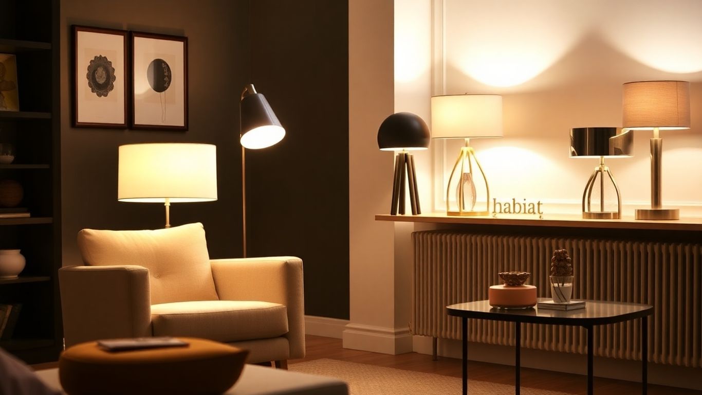 Habitat lamps illuminating a modern living room interior.
