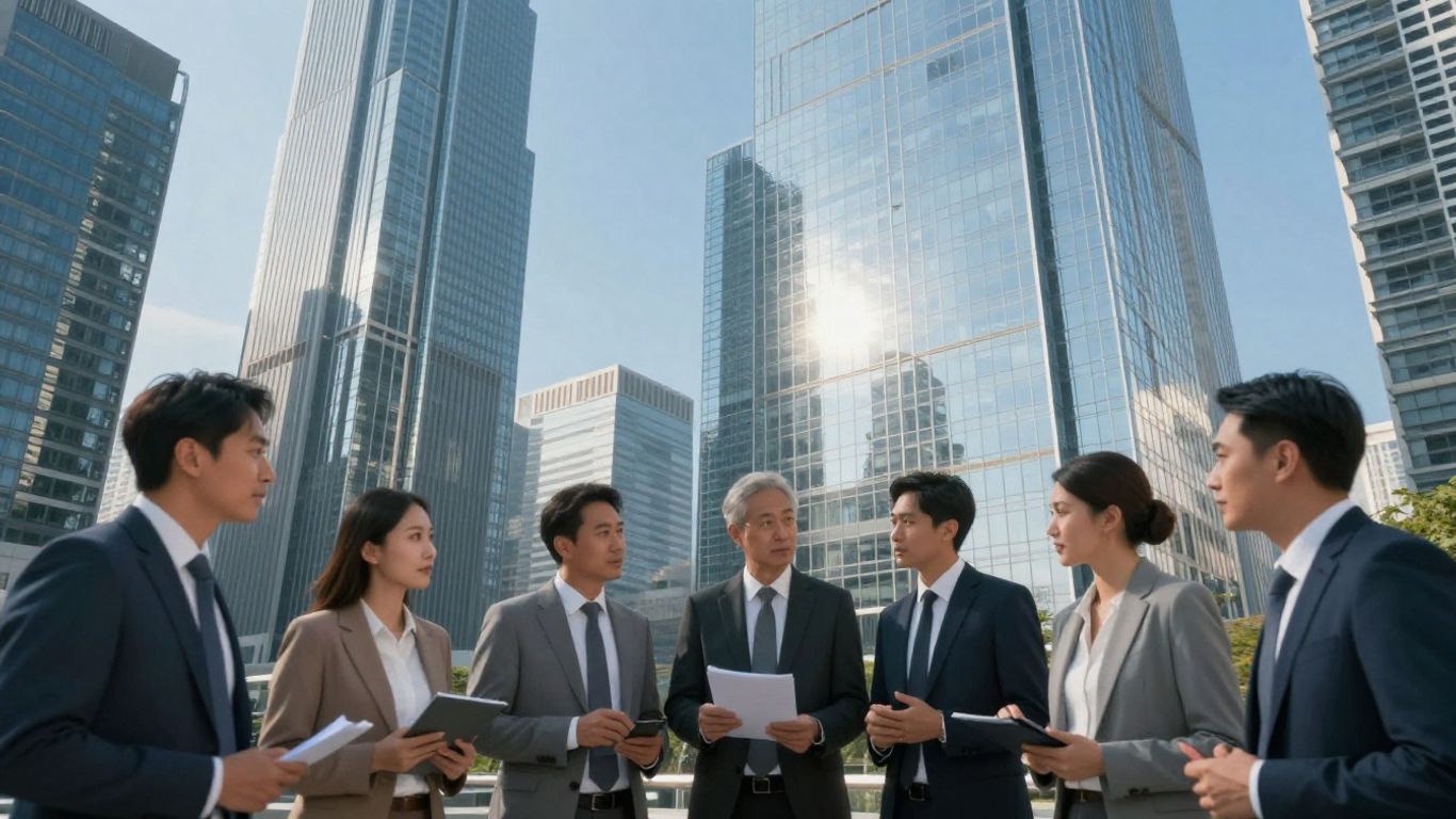 Cityscape with professionals discussing corporate finance.