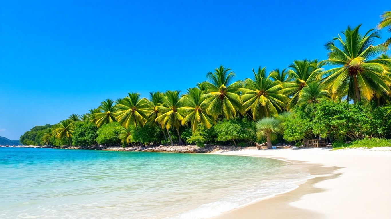 Peaceful beach with turquoise water and palm trees.