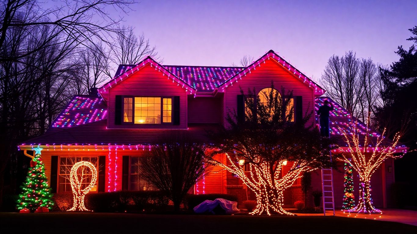 House decorated with Christmas lights, installers working.