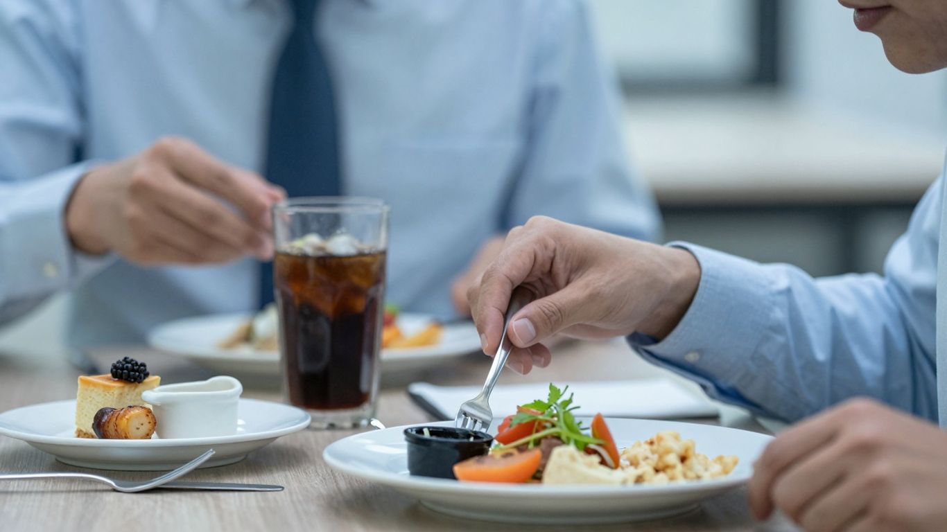 Geschäftsessen mit Essen und Getränken auf dem Tisch.