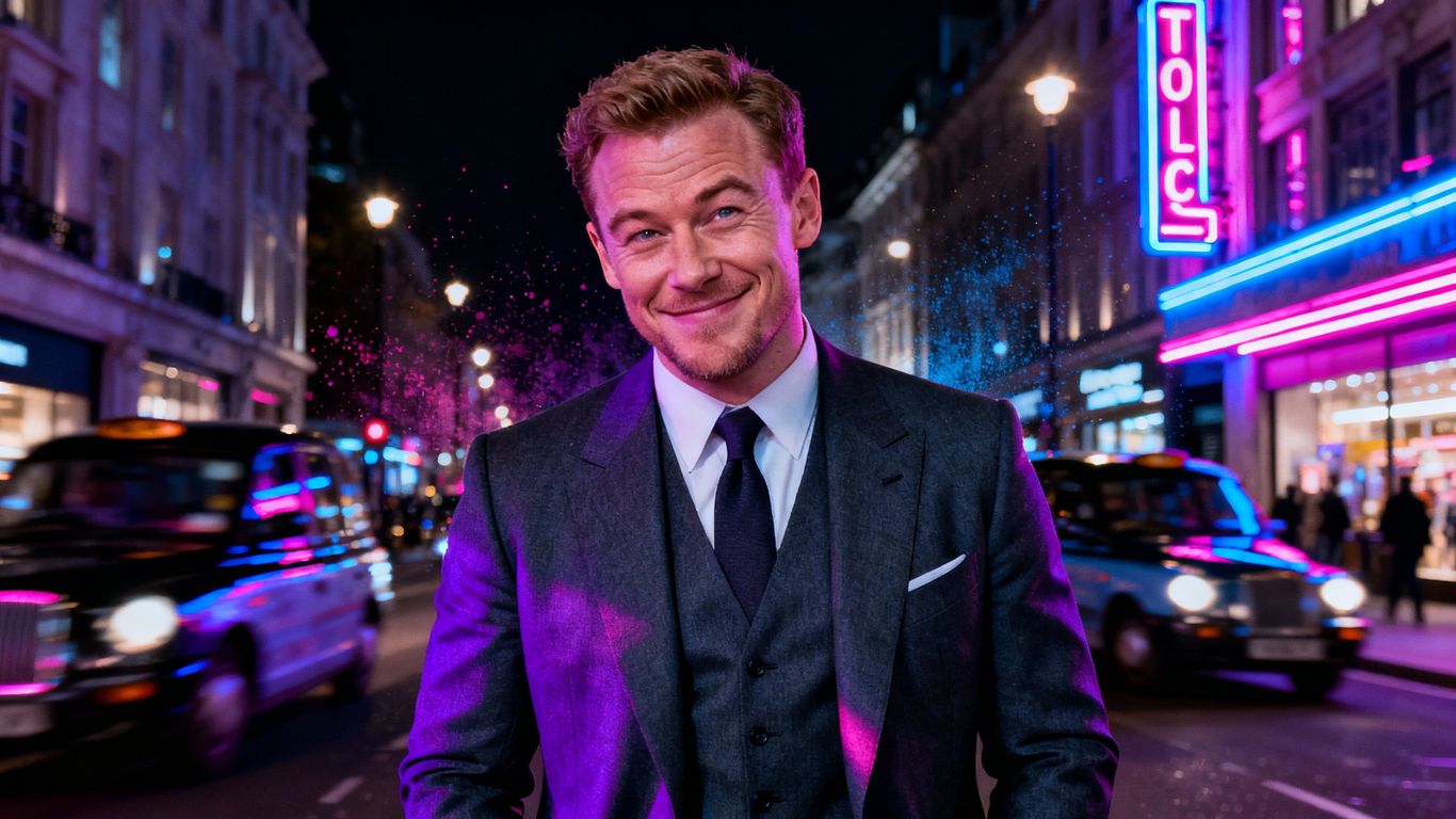 [Taron Egerton] on lively London street at night.