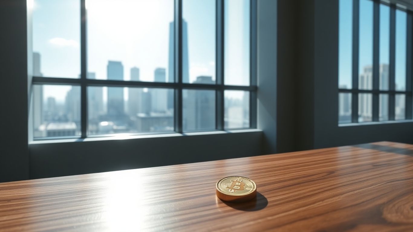 Modern office with city view and crypto coin.