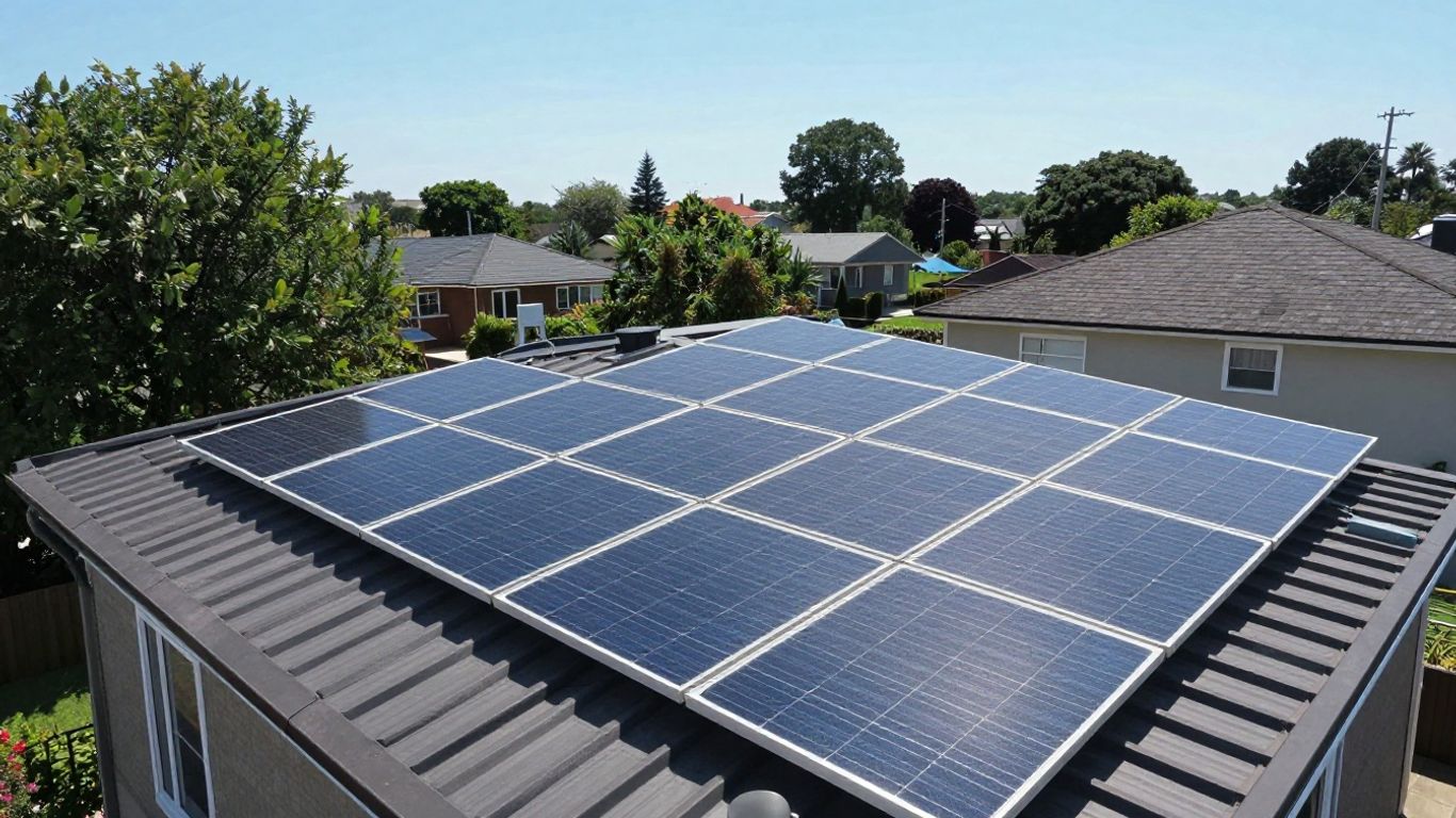 Maison avec panneaux solaires sur le toit sous le soleil.