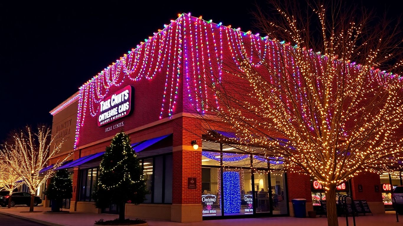 Festive commercial building illuminated with colorful Christmas lights.