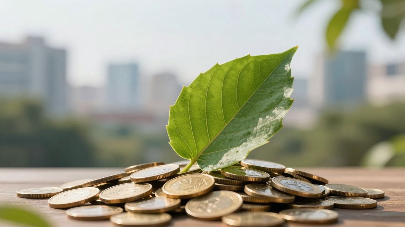 Grünes Blatt auf Münzen, Stadt im Hintergrund